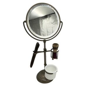 Antique Edwardian Telescoping Brass‎ Shaving Stand Mirror Brush Cup Razor